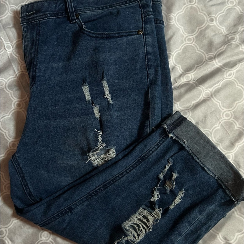 Ashley Stewart Blue Ankle Cropped Jeans with Distressed Details